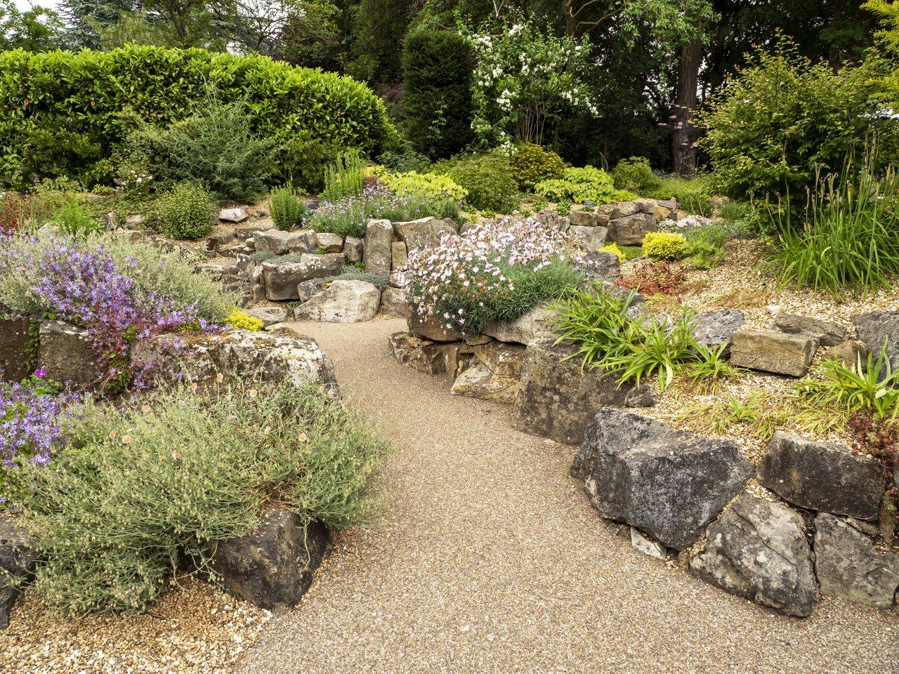 Chemin à travers un jardin de rocaille avec zones à faible entretien, plantes rustiques et paillage.