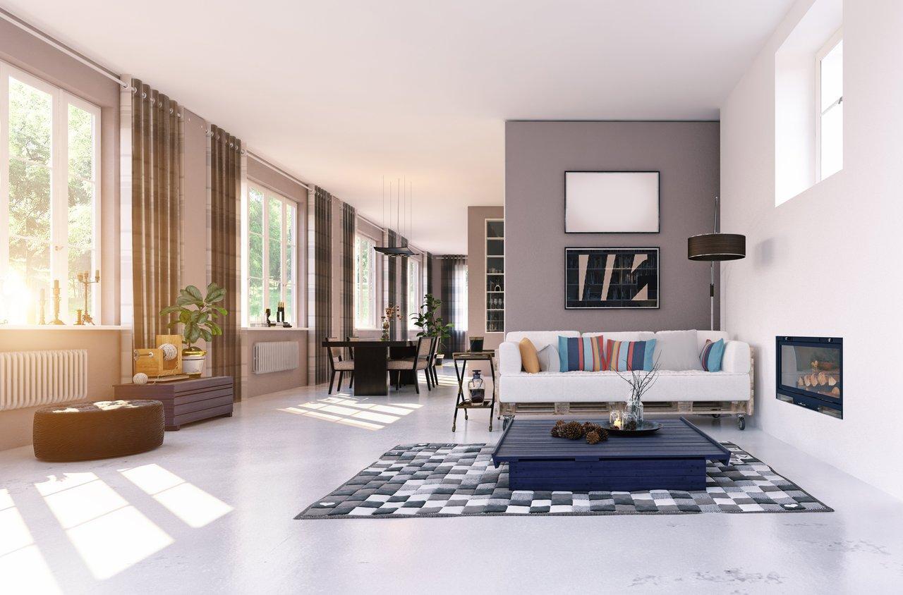 Exemple de virtual modern living room, mettant en valeur un salon épuré et lumineux pour optimiser la vente immobilière.